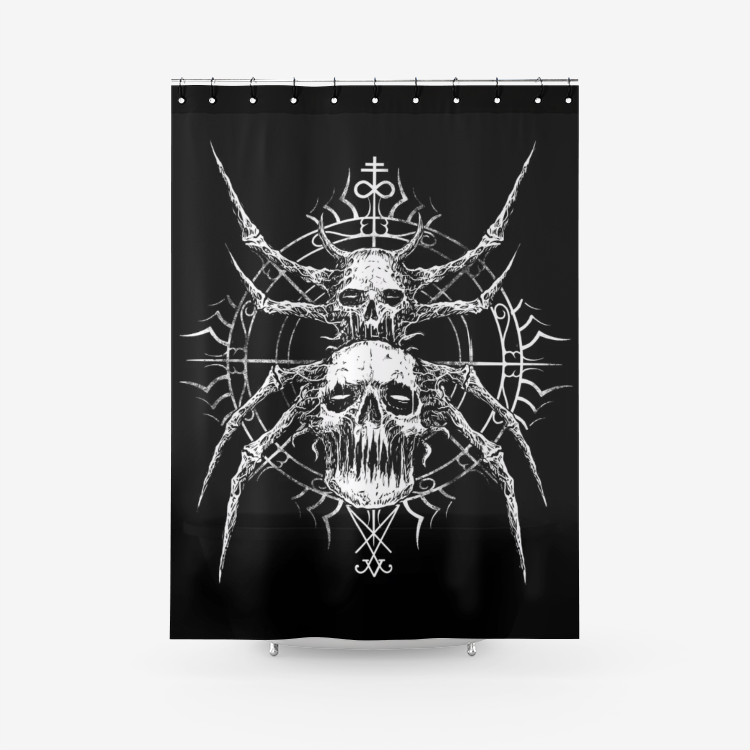 Skull Gothic Occult Satanic Spider Textured Fabric Shower Curtain Black And White Version