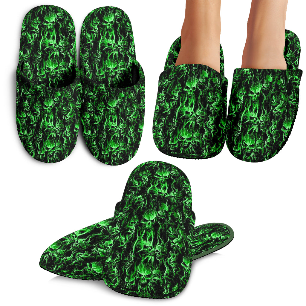 Smoke Skull Cozy House Slippers Awesome Punk Green