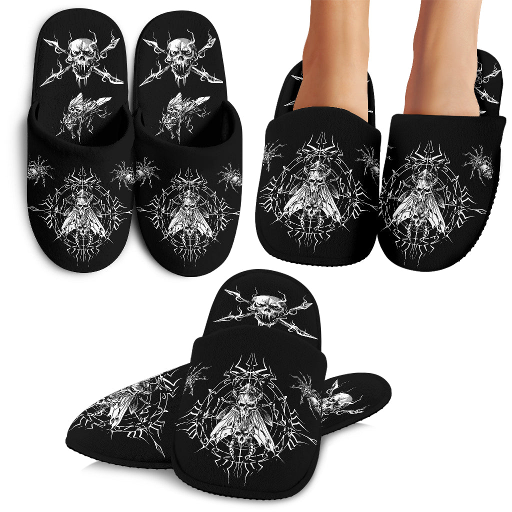 Skull Goth Evil Spider Fly Cozy Slippers