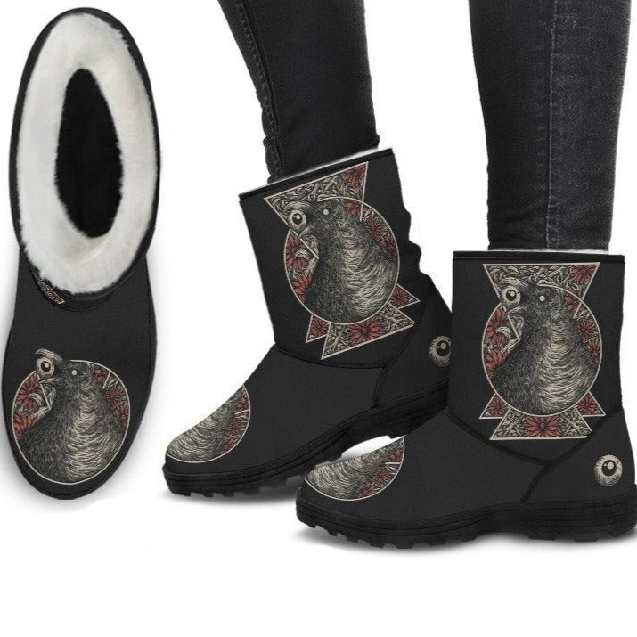 Goth Occult Black Crow Eye Handcrafted Faux Fur Boots Color Version