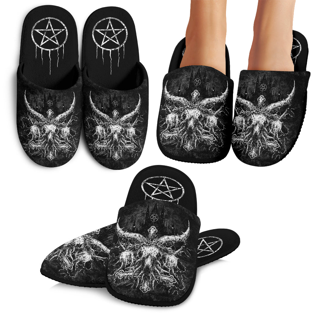 Skull Satanic Crowned Goat Satanic Cross With Satanic Pentagram Night Church Cozy Slippers