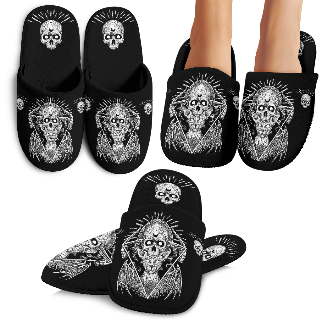 Skull Gothic Occult Cat Cozy House Slippers Makes The Gift Black And wHite Version