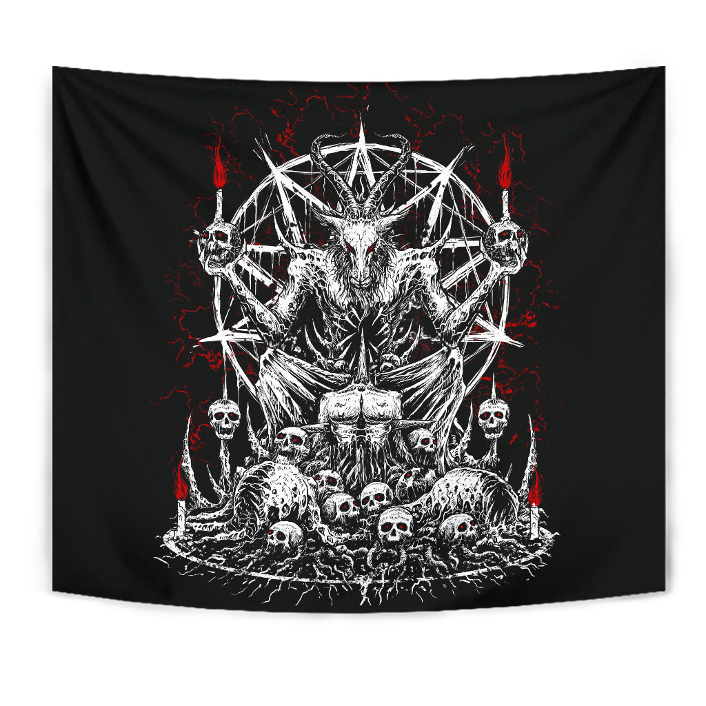 Skull Skeleton Satanic Goat Eternal Impaled Torment Skull Candle Trophy Tapestry Black And White Red