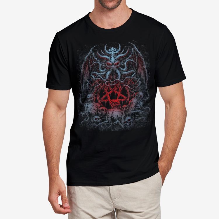 Skull Skeleton Demon Octopus Satanic Pentagram Men's Heavy Cotton Adult T-Shirt Color Version
