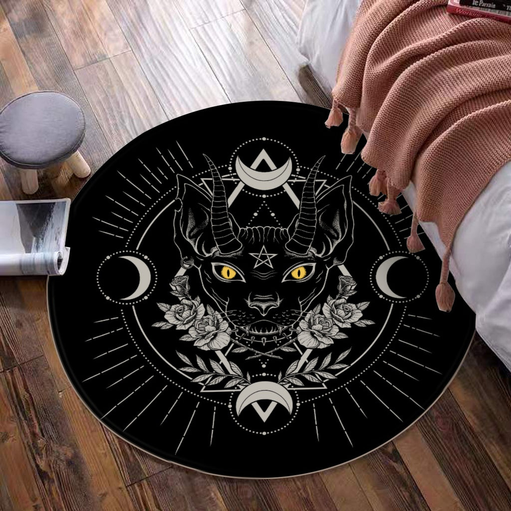 Gothic Occult Black Cat Unique Sphinx Style Round Mat Eye Color Foldable Round Mat