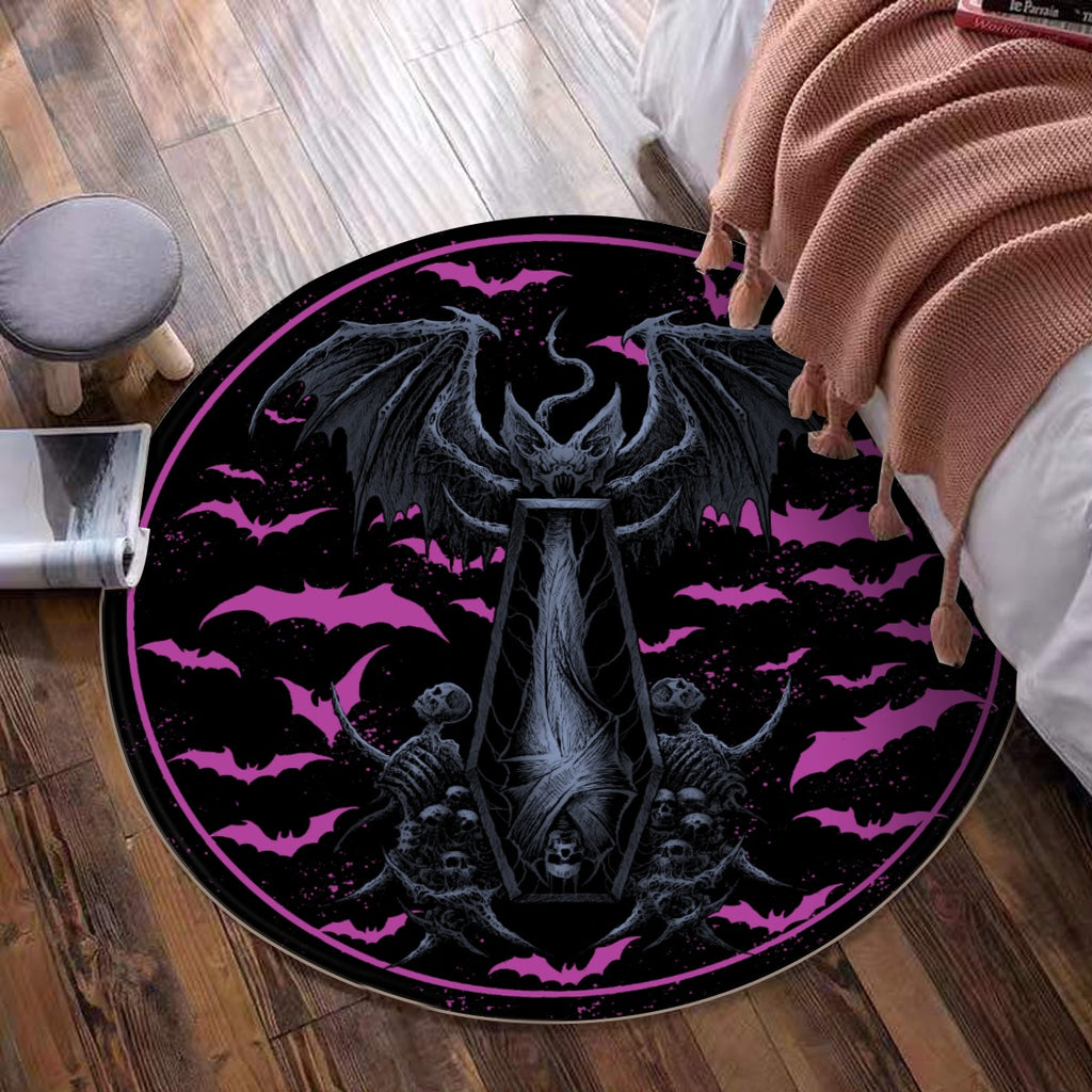 Skull Batwing Skeleton Coffin Shroud Foldable Round Mat Awesome Night Blue Pink Pink Bat Version