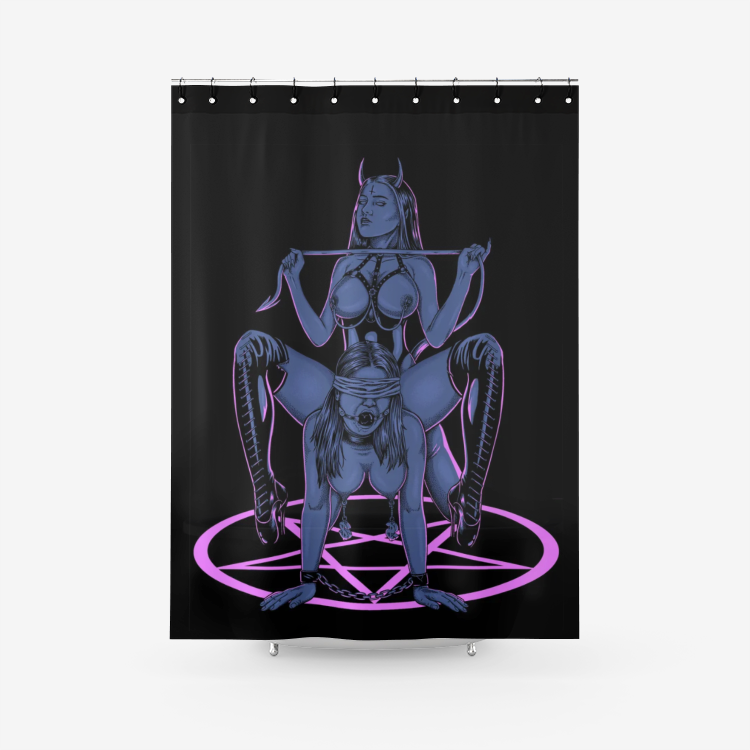 Satanic Pentagram Satanic Cross Demon Erotic Textured Fabric Shower Curtain Sexy Wild Blue Pink