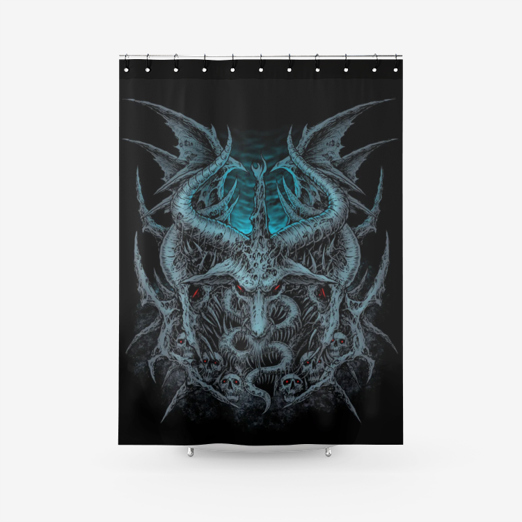 Skull Gothic Satanic Goat Wing Textured Fabric Shower Curtain Awesome Night Blue