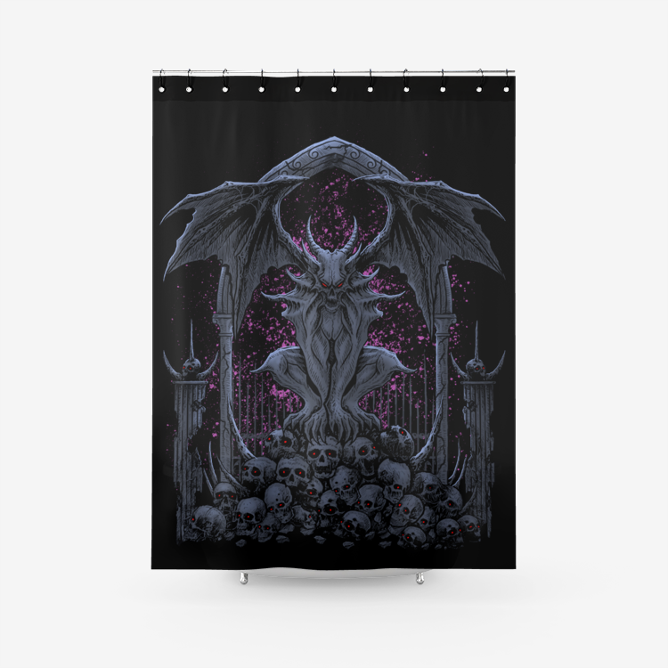 Skull Batwing Gargoyle Demon Textured Fabric Shower Curtain Awesome Night Blue Pink