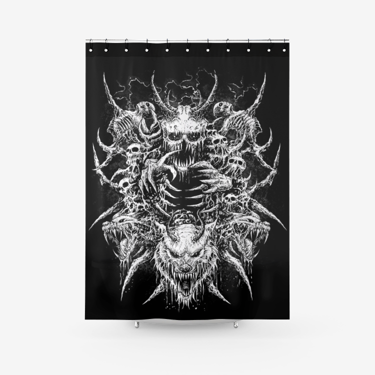 Skull Demon Wolf Textured Fabric Shower Curtain Black And White