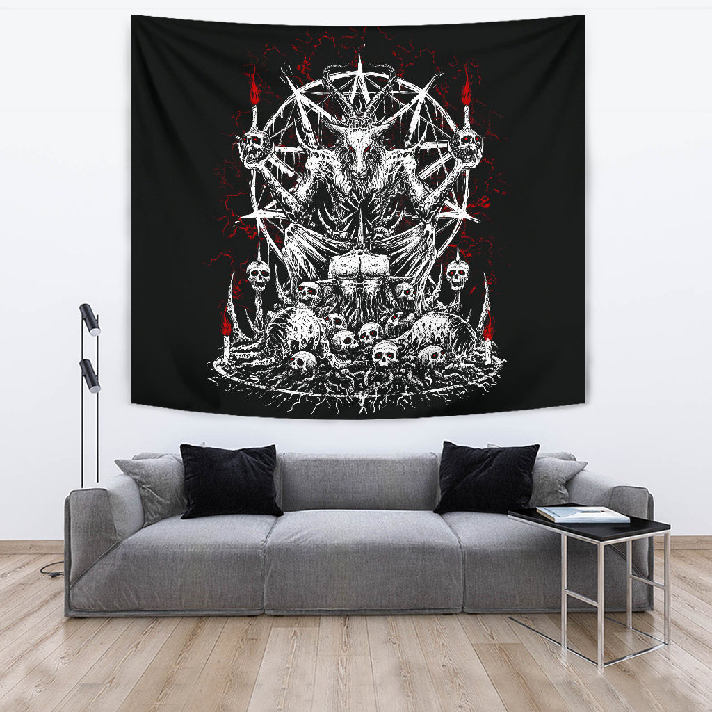 Skull Skeleton Satanic Goat Eternal Impaled Torment Skull Candle Trophy Tapestry Black And White Red