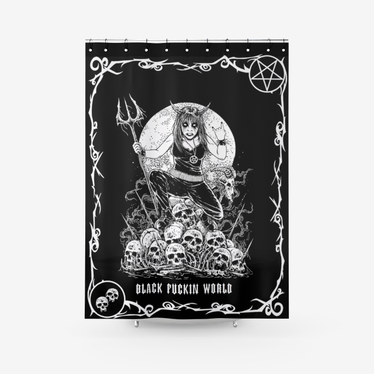 Skull Goat Skull Demonic Black Metal Girl Textured Fabric Shower Curtain