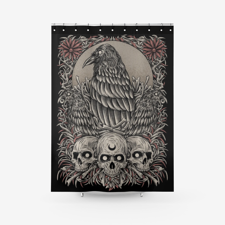 Skull Gothic Occult Crow Textured Fabric Shower Curtain Color Version