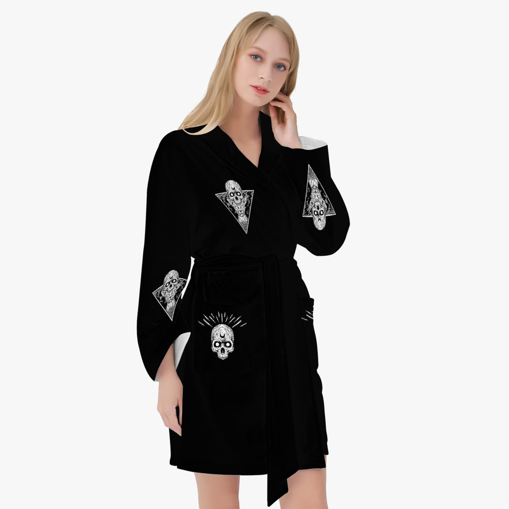 Skull Occult Batwing  Goth Cat Women's Loose-fitting Bathrobe Black And White Version