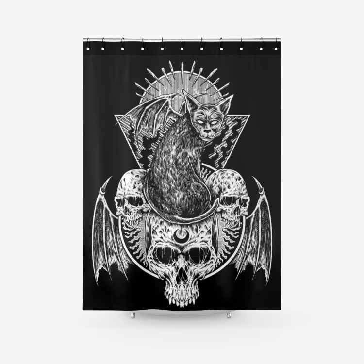 Skull Gothic Bat Wing Black Cat Textured Fabric Shower Curtain