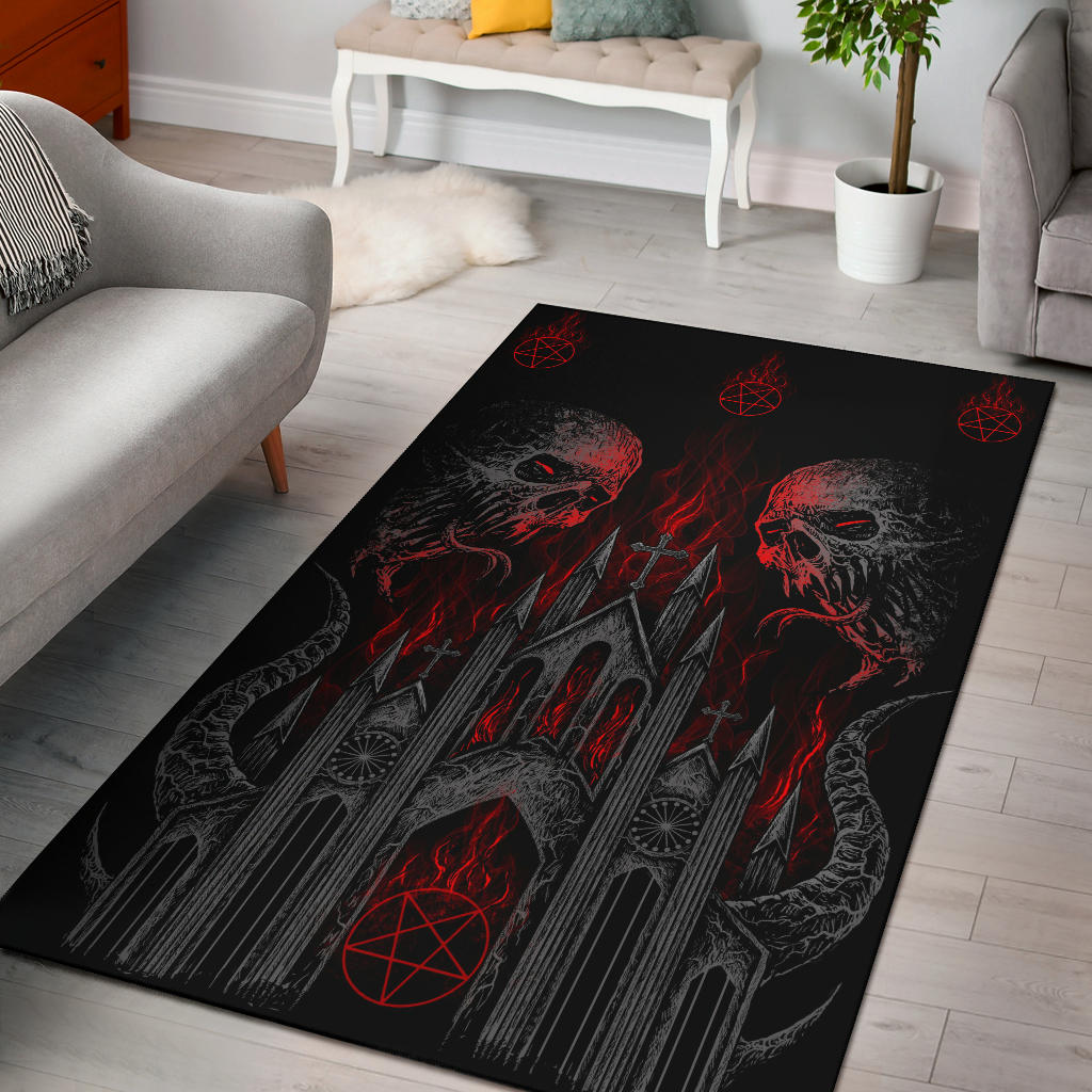 Skull Demon Satanic Pentagram Church Flame Area Rug Dark Color Version