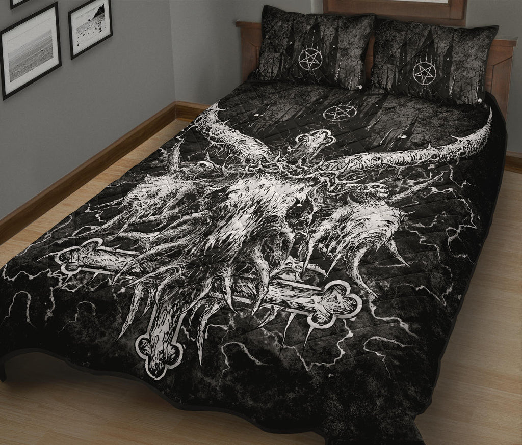 Skull Crowned Satanic Goat Satanic Cross Satanic Pentagram Night Church White Version Quilt 3 Piece Set