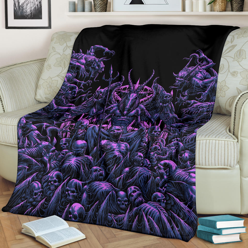 Skull Satanic Pentagram Winged Satanic Goat Demon Zombie Galore Throne Blanket Awesome Night Blue Pink