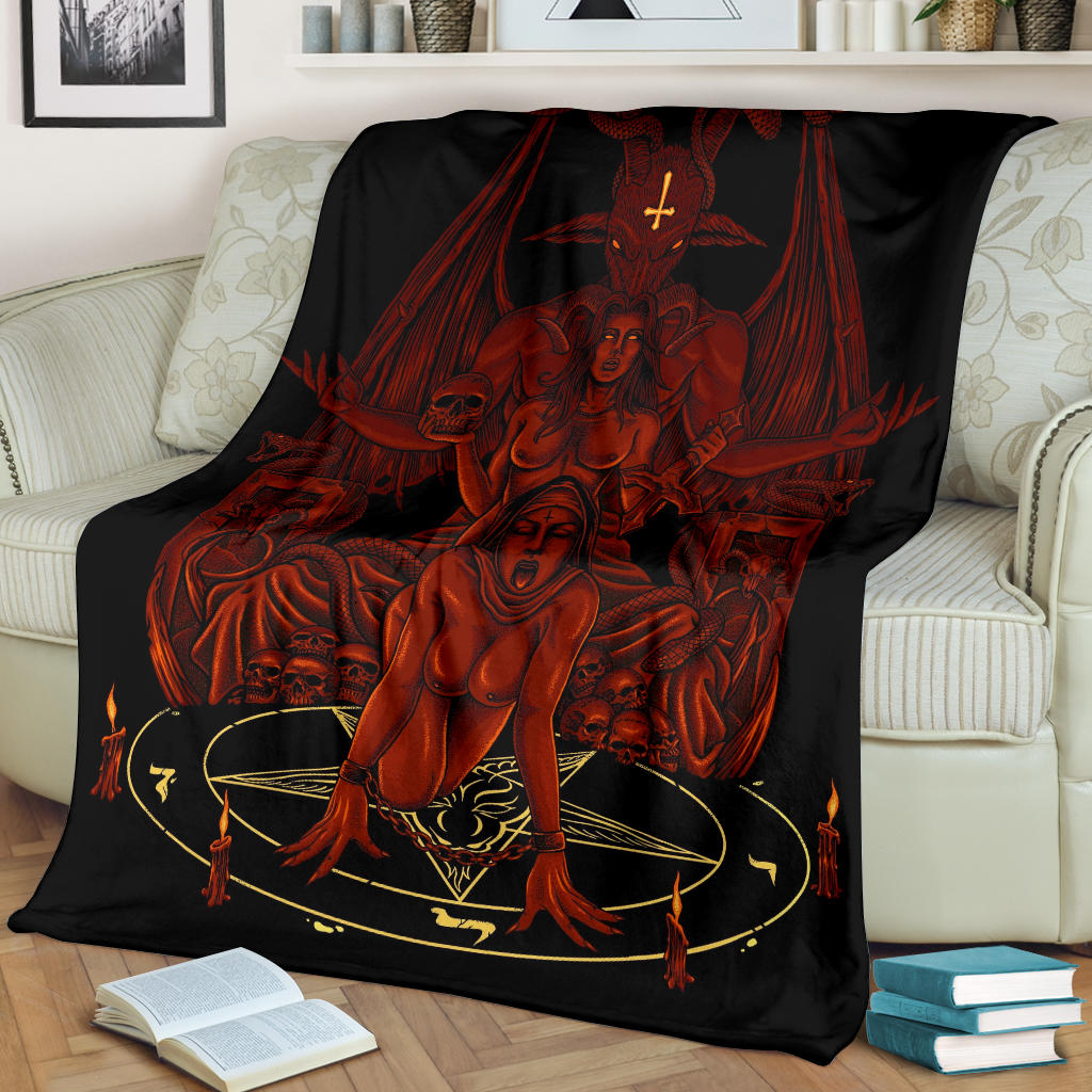 Skull Baphomet Serpent Satanic Pentagram Demon Inception Throne Blanket Flame Red