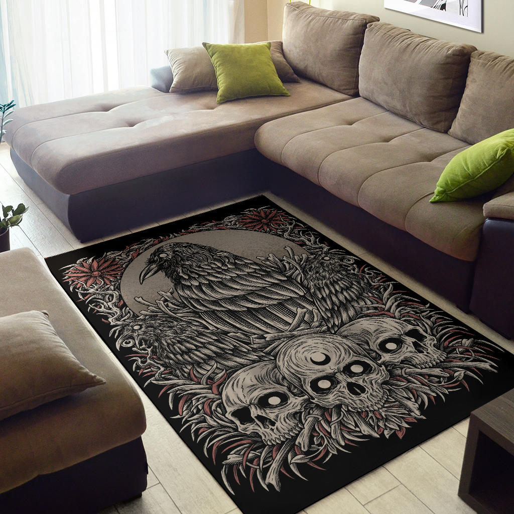 Skull Gothic Occult Crow Area Rug Color Version