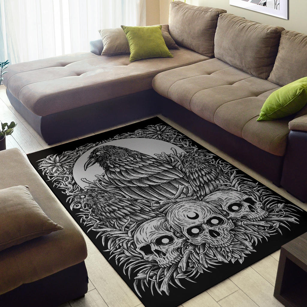 Skull Goth Occult Crow Area Rug Black And White Version