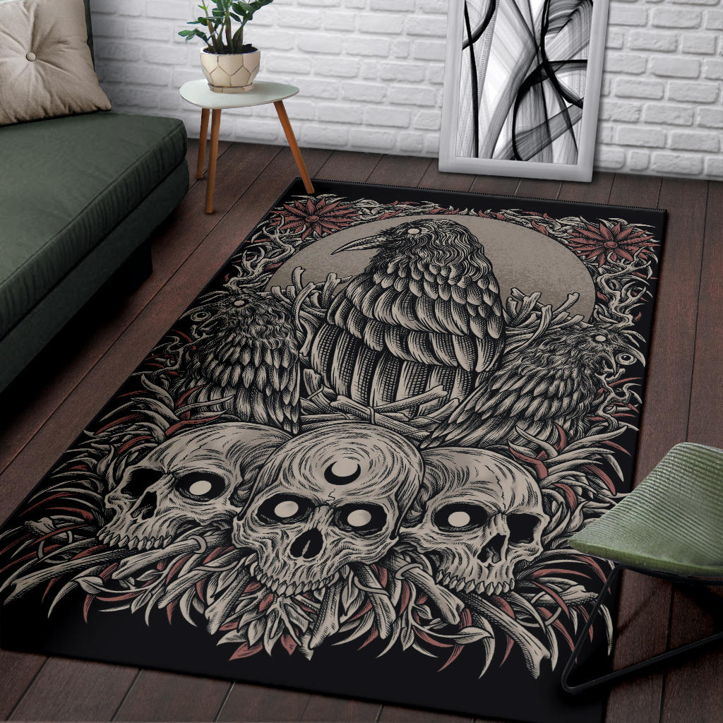 Skull Gothic Occult Crow Area Rug Color Version
