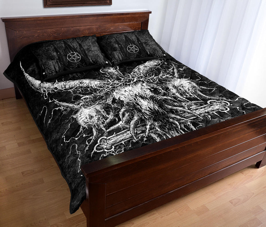 Skull Crowned Satanic Goat Satanic Cross Satanic Pentagram Night Church White Version Quilt 3 Piece Set