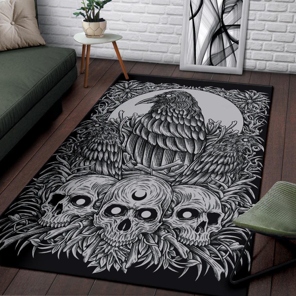 Skull Goth Occult Crow Area Rug Black And White Version