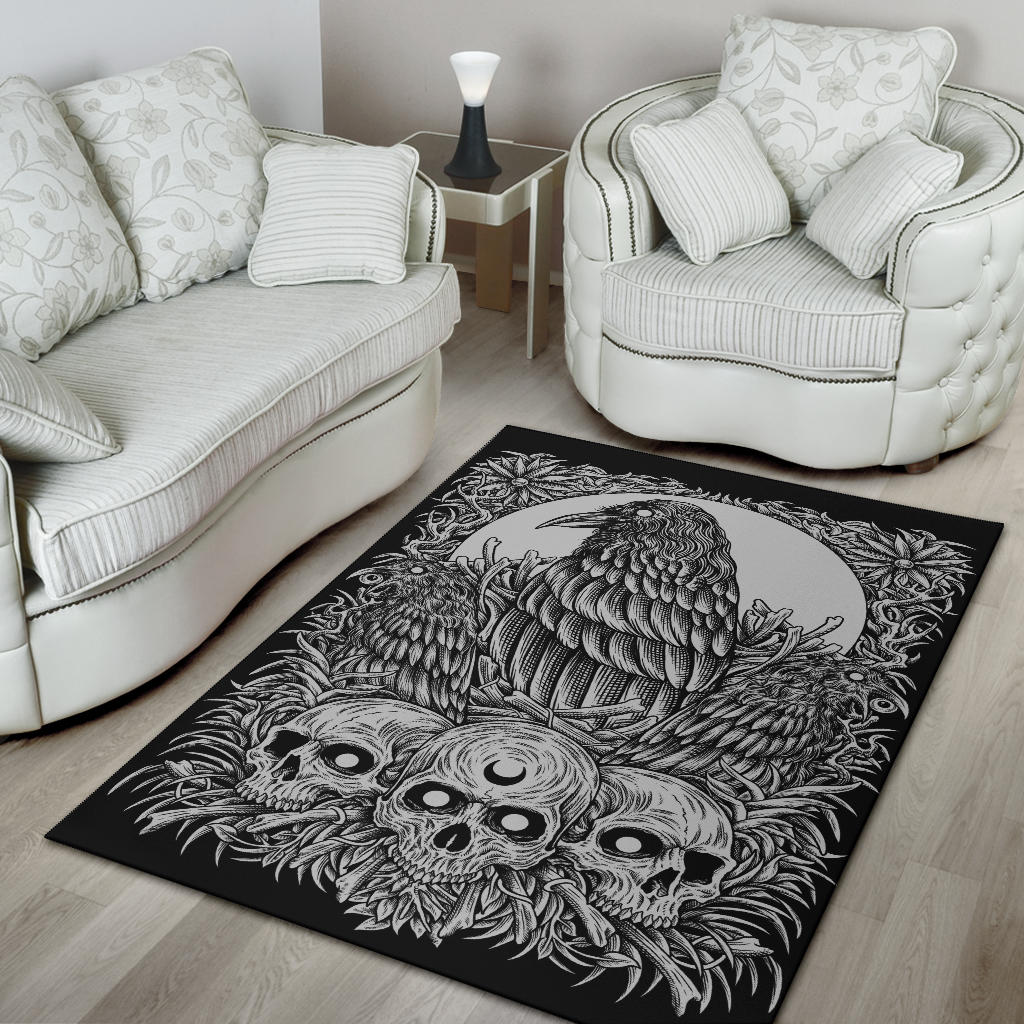 Skull Goth Occult Crow Area Rug Black And White Version