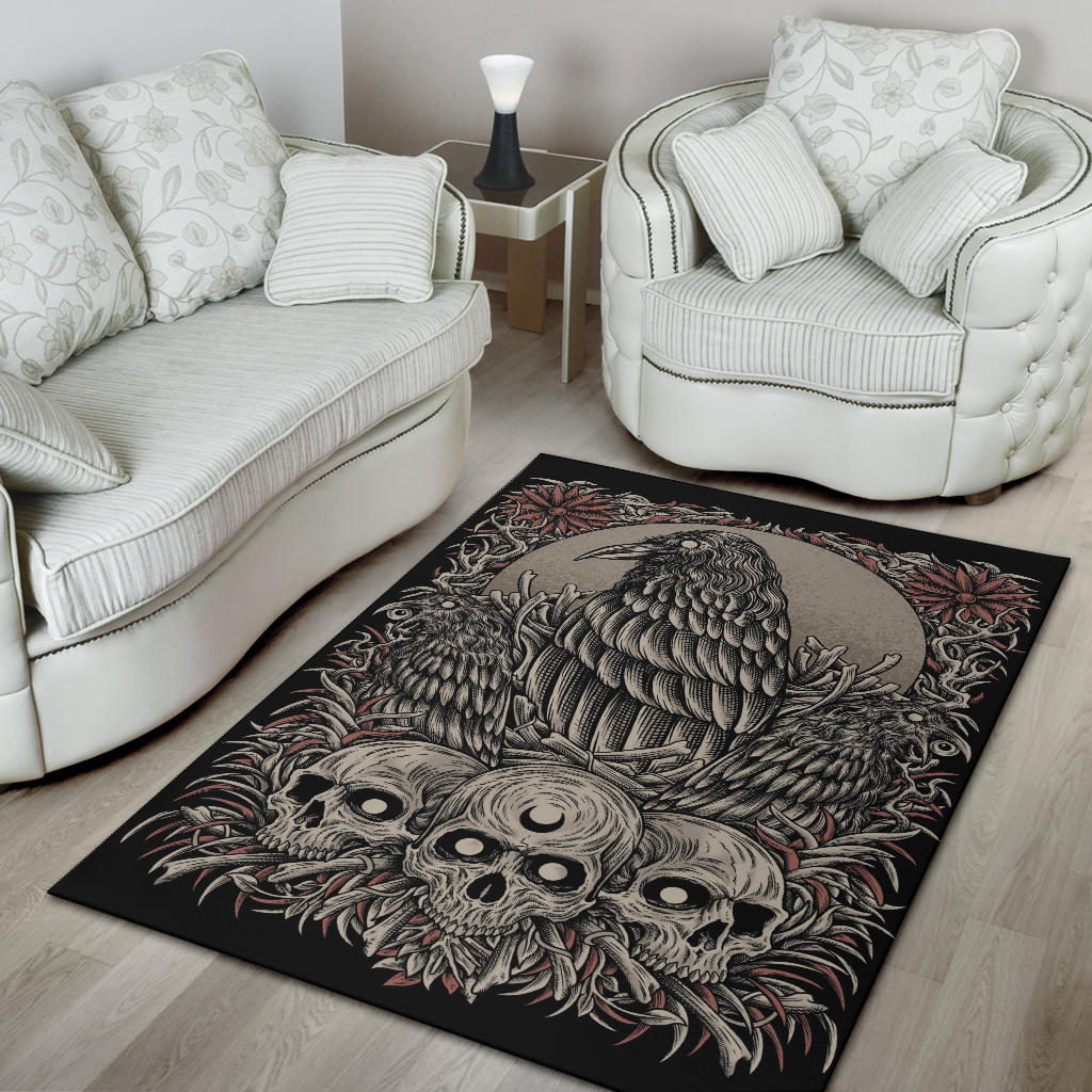 Skull Gothic Occult Crow Area Rug Color Version