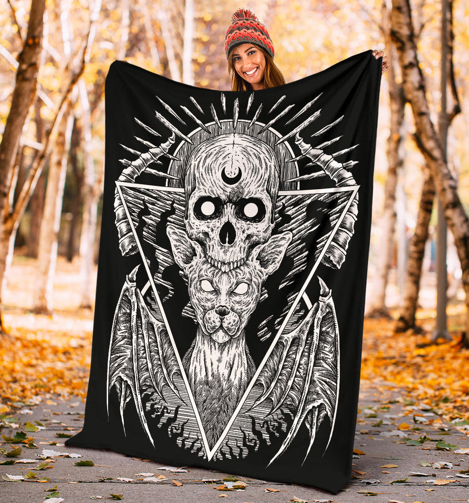 Gothic Skull Cat With Bat Wings Blanket Black And White Version