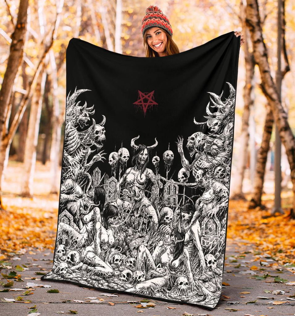Skull Satanic Pentagram Demon  Nymphomania And Loving It Blanket Black And White Version