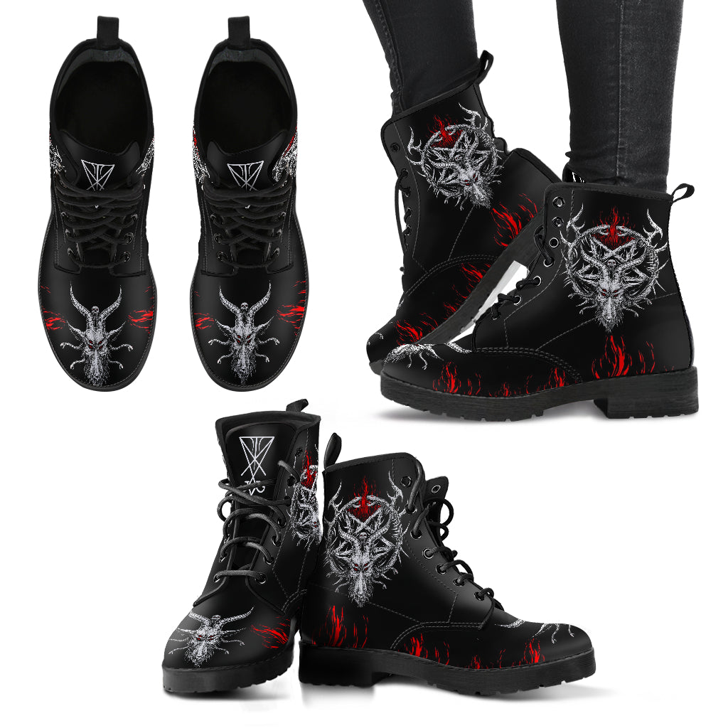 Skull Satanic Goat Satanic Pentagram Flame Demon Serpent Leather Boots