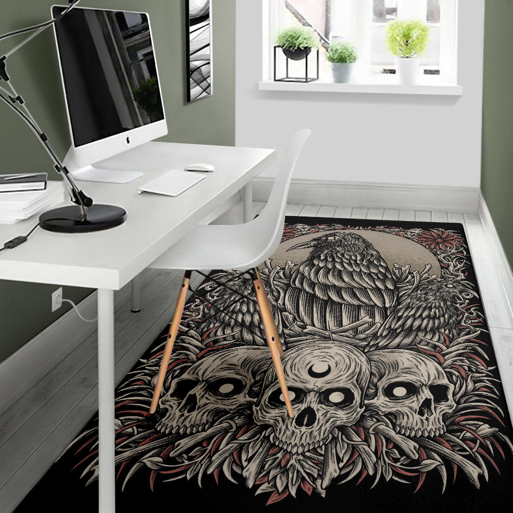 Skull Gothic Occult Crow Area Rug Color Version