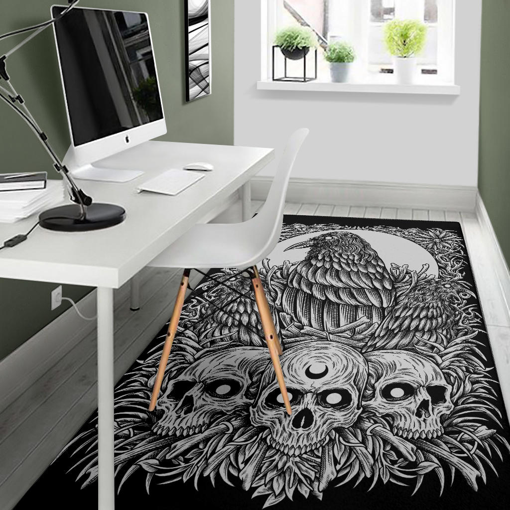 Skull Goth Occult Crow Area Rug Black And White Version