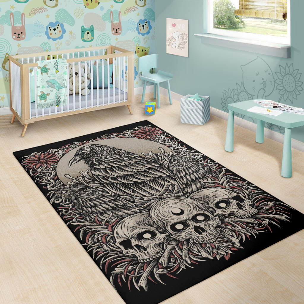 Skull Gothic Occult Crow Area Rug Color Version