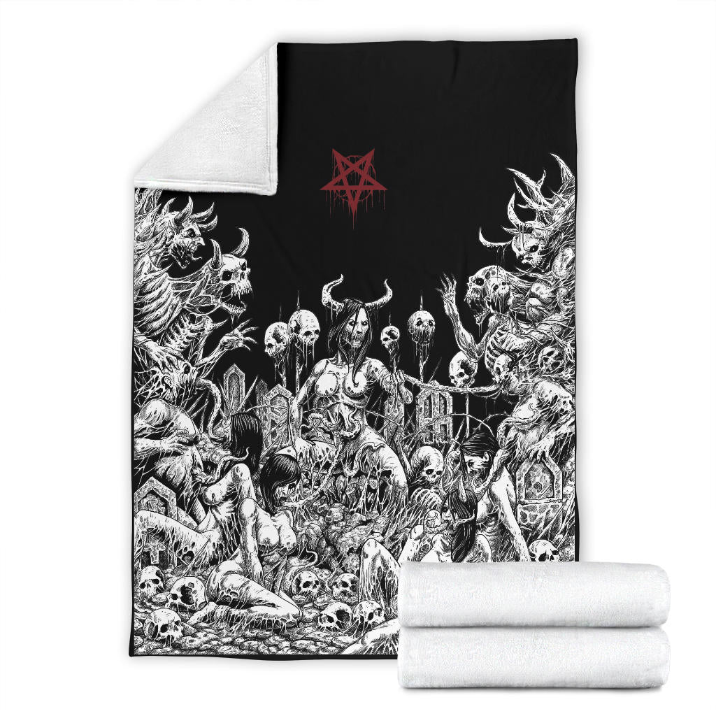 Skull Satanic Pentagram Demon  Nymphomania And Loving It Blanket Black And White Version