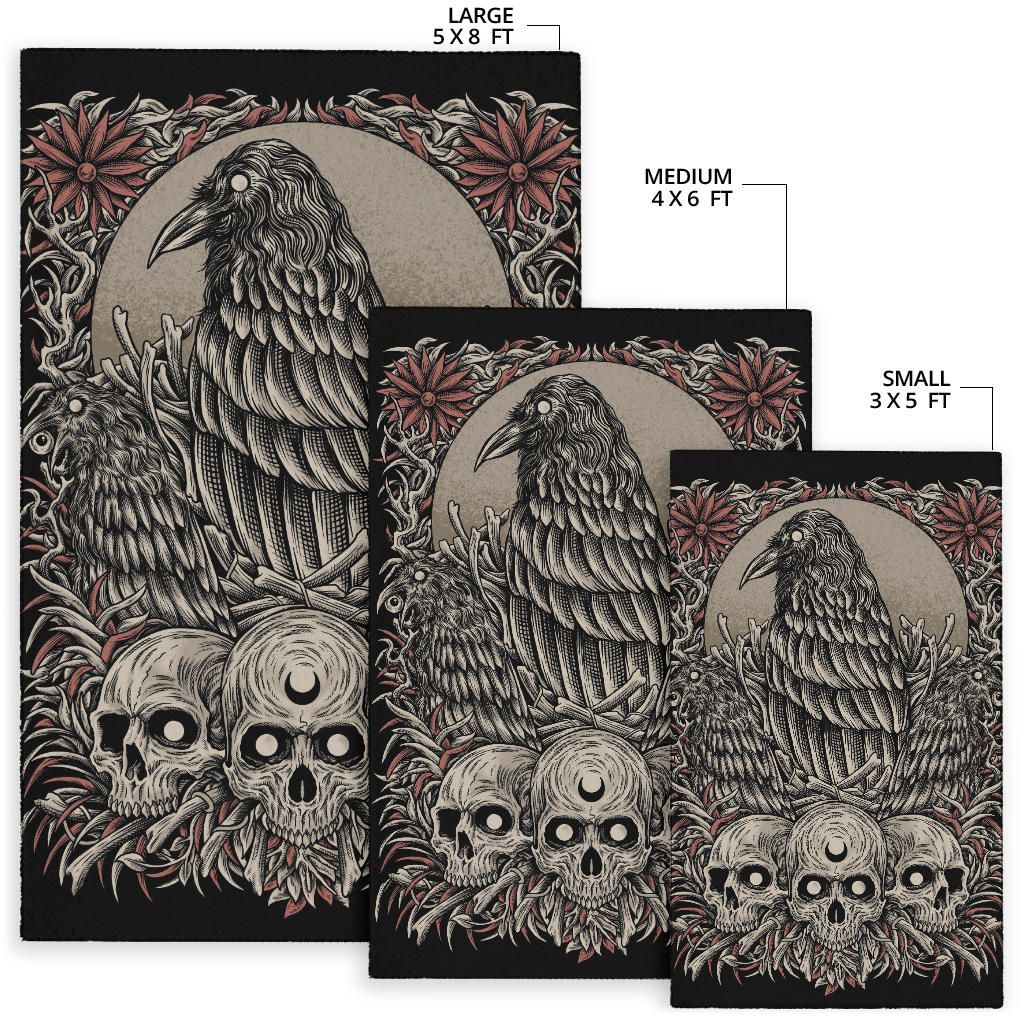 Skull Gothic Occult Crow Area Rug Color Version