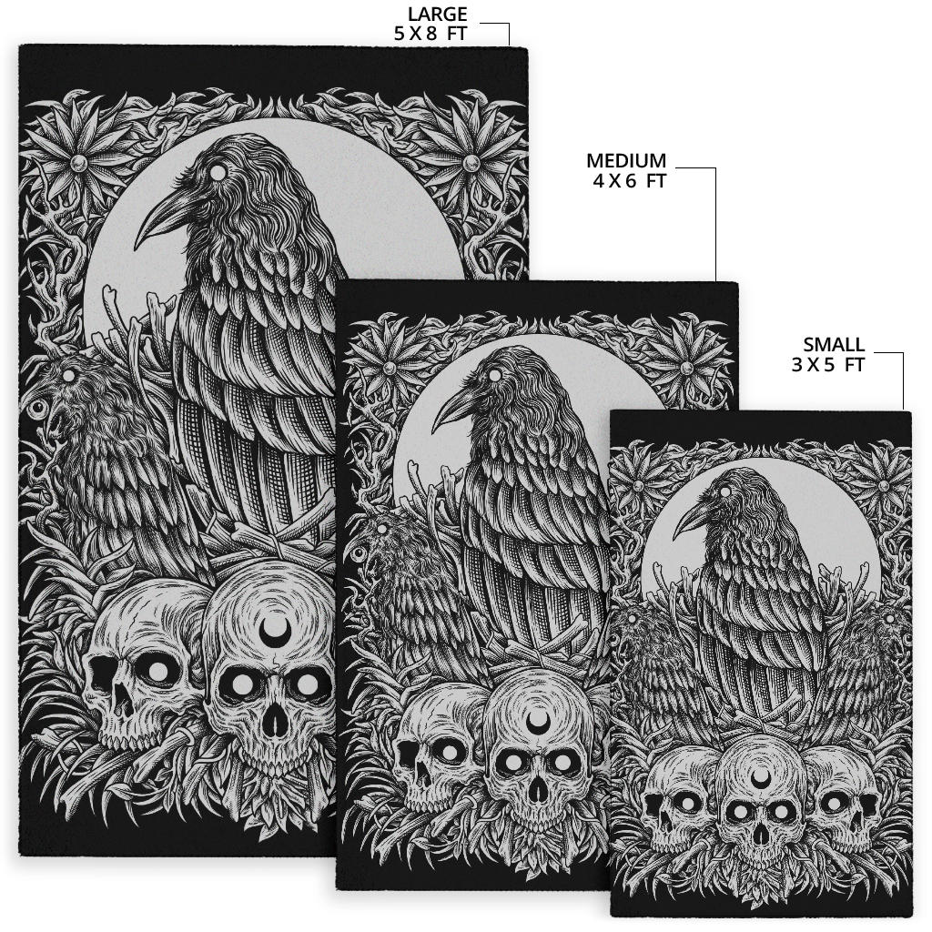 Skull Goth Occult Crow Area Rug Black And White Version