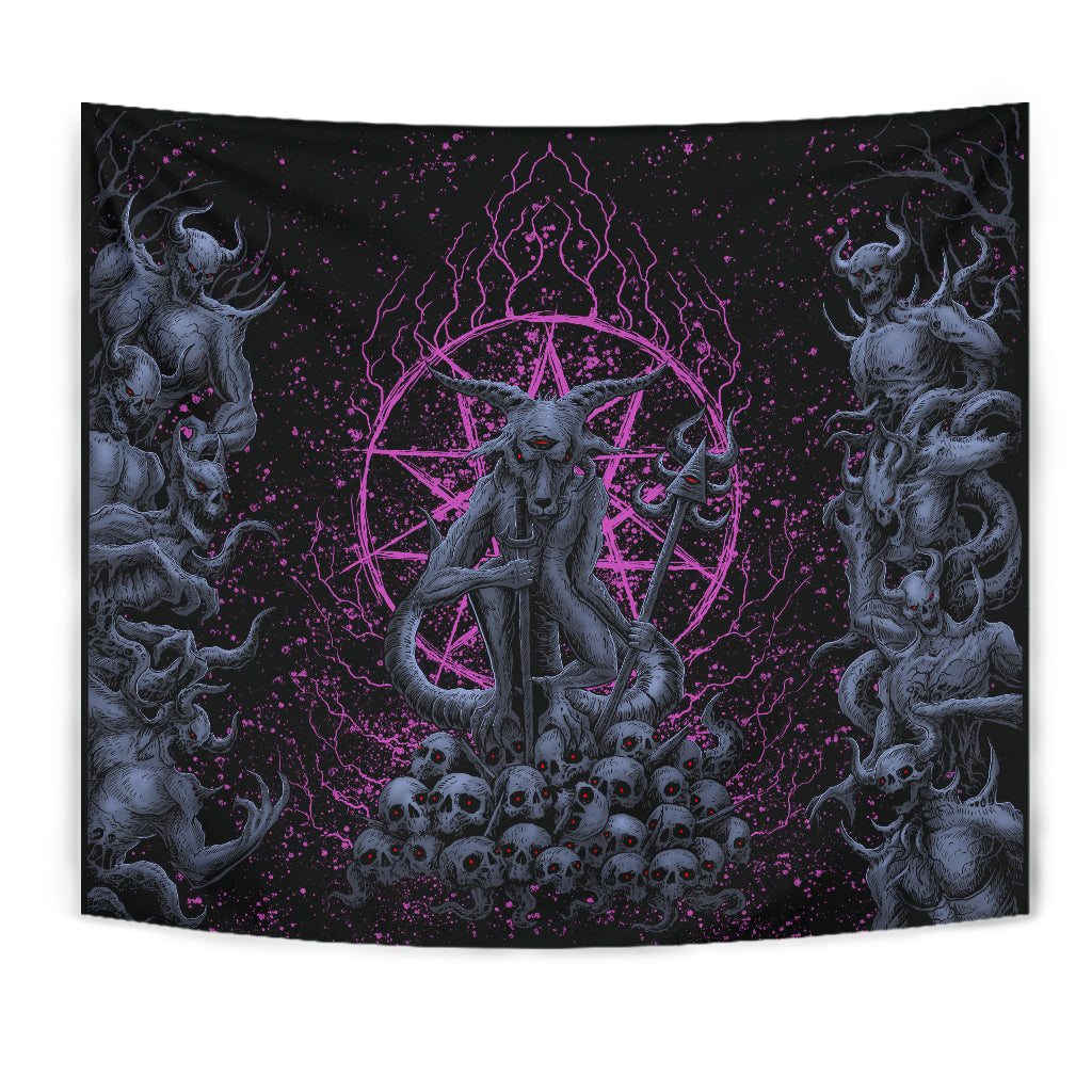 New! Original Skull Satanic Malevolent Cyclops Baphomet Goat Demon Invasion Large Wall Decoration Tapestry  Awesome Blue Pink