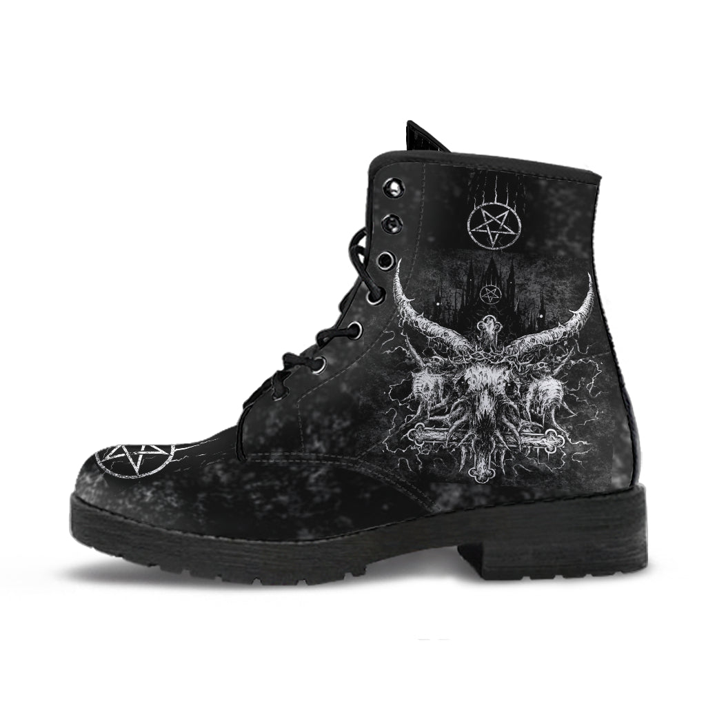 Skull Satanic Cross Crowned Satanic Goat Satanic Pentagram Leather Boots 2