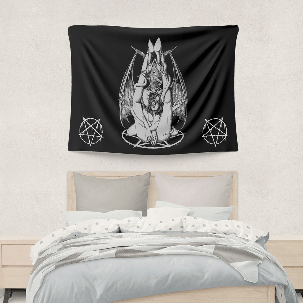 Satanic Pentagram Satanic Cross Serpent Bat Wing Demon Inception Stylish 2-Sized Polyester Wall Tapestry