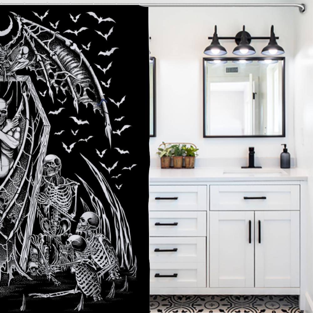 Skull Skeleton Chain Wicked Bat Shroud Waterproof Shower Curtain Black And White