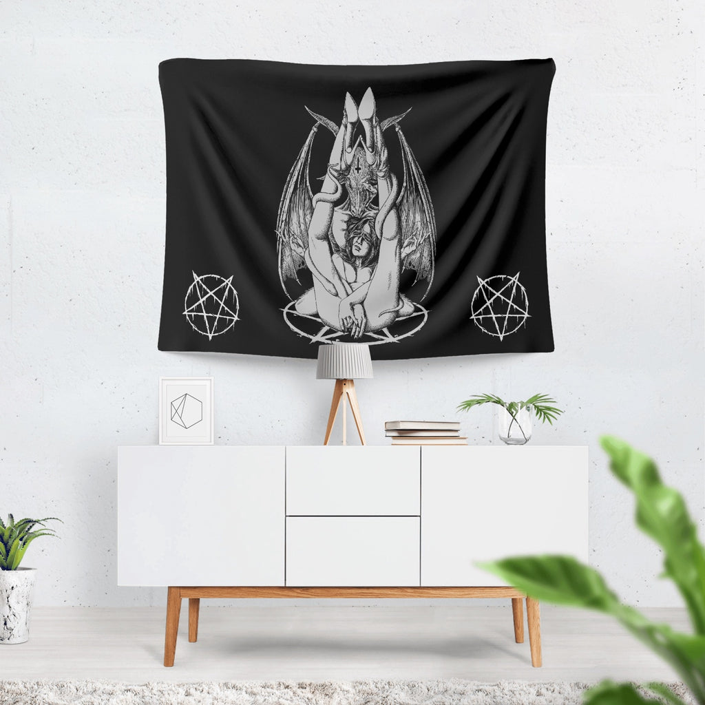 Satanic Pentagram Satanic Cross Serpent Bat Wing Demon Inception Stylish 2-Sized Polyester Wall Tapestry