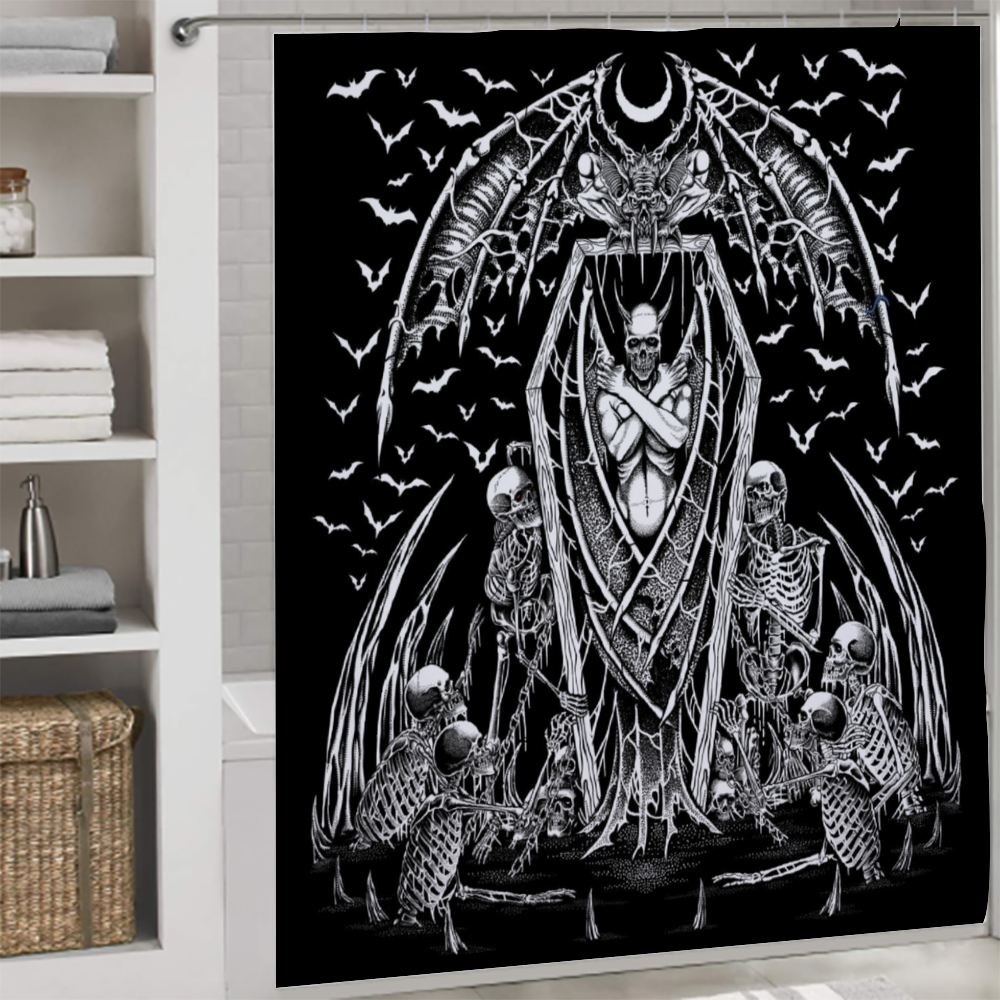 Skull Skeleton Chain Wicked Bat Shroud Waterproof Shower Curtain Black And White