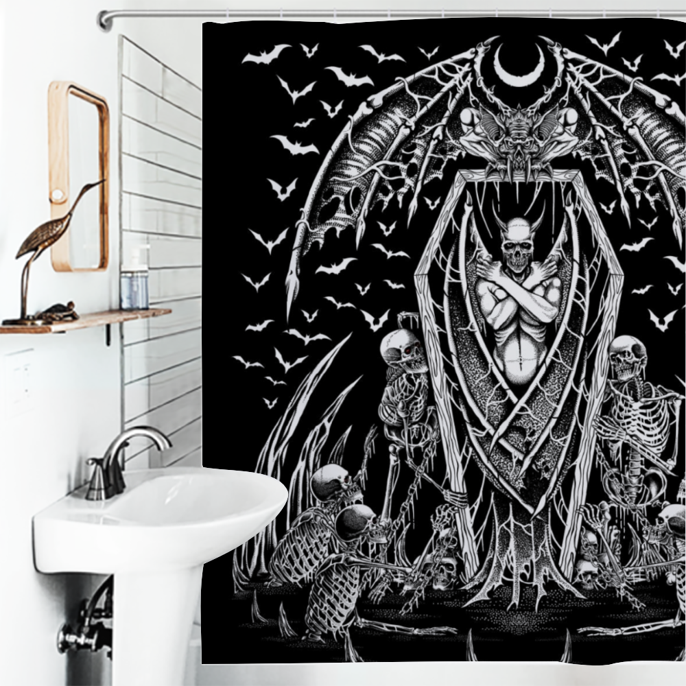 Skull Skeleton Chain Wicked Bat Shroud Waterproof Shower Curtain Black And White