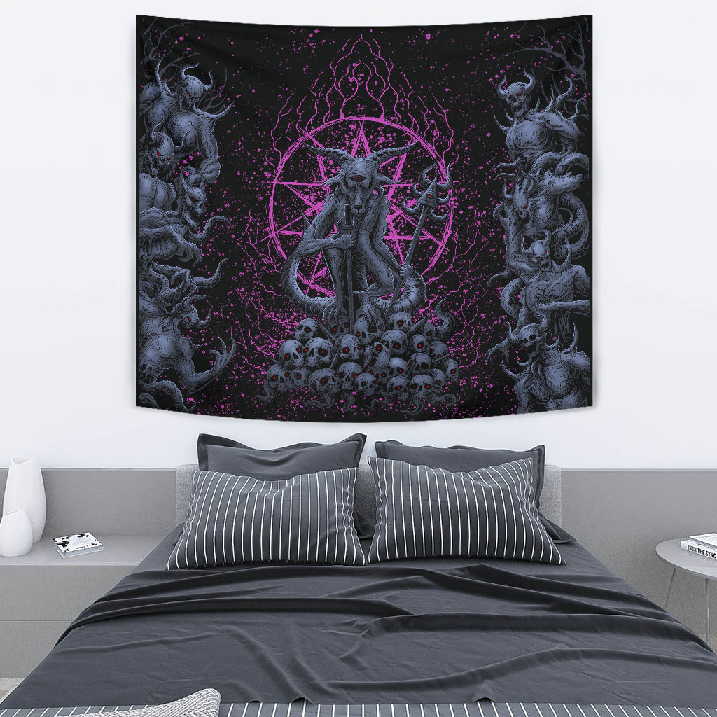 New! Original Skull Satanic Malevolent Cyclops Baphomet Goat Demon Invasion Large Wall Decoration Tapestry  Awesome Blue Pink