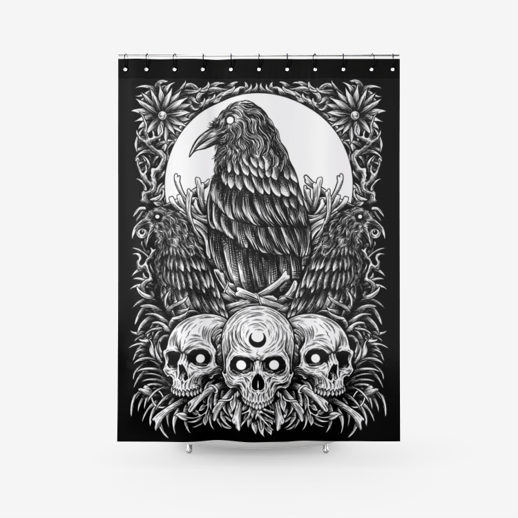 Skull Goth Occult Raven Textured Fabric Shower Curtain Bright White Dark Black