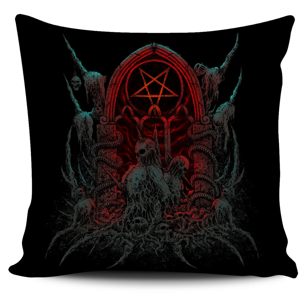 Skull Satanic Pentagram Flame Shrine Pillow Cover Color Version