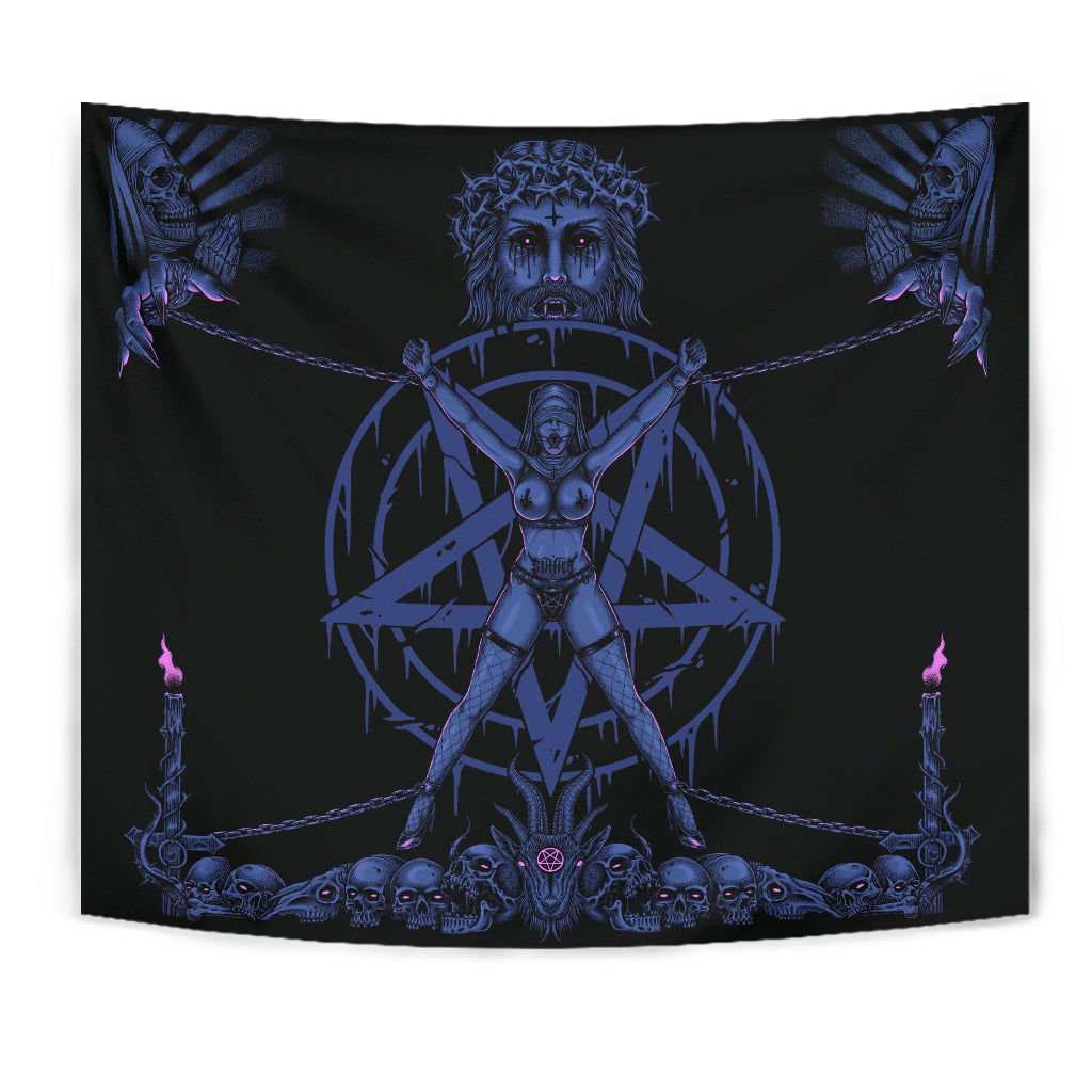 Skull Satanic Pentagram Demon Chained To Sin And Lovin It Part 2 - Large Wall Decoration Tapestry Erotic Blue Pink